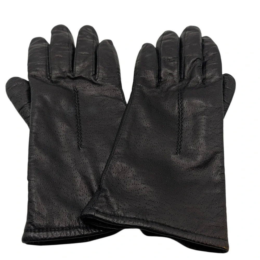 Vintage Pownes  Genuine‎ Leather Gloves Black Polyester Lined Womens Size 7.5